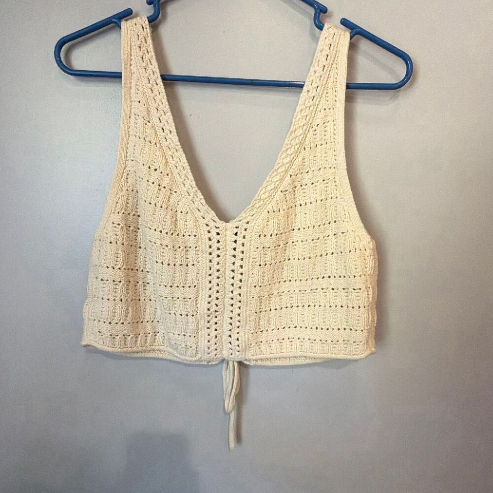 American Eagle Cropped Lace-Up Knit Tank Top Crochet Cream XL Coquette #1100 - Picture 6 of 8